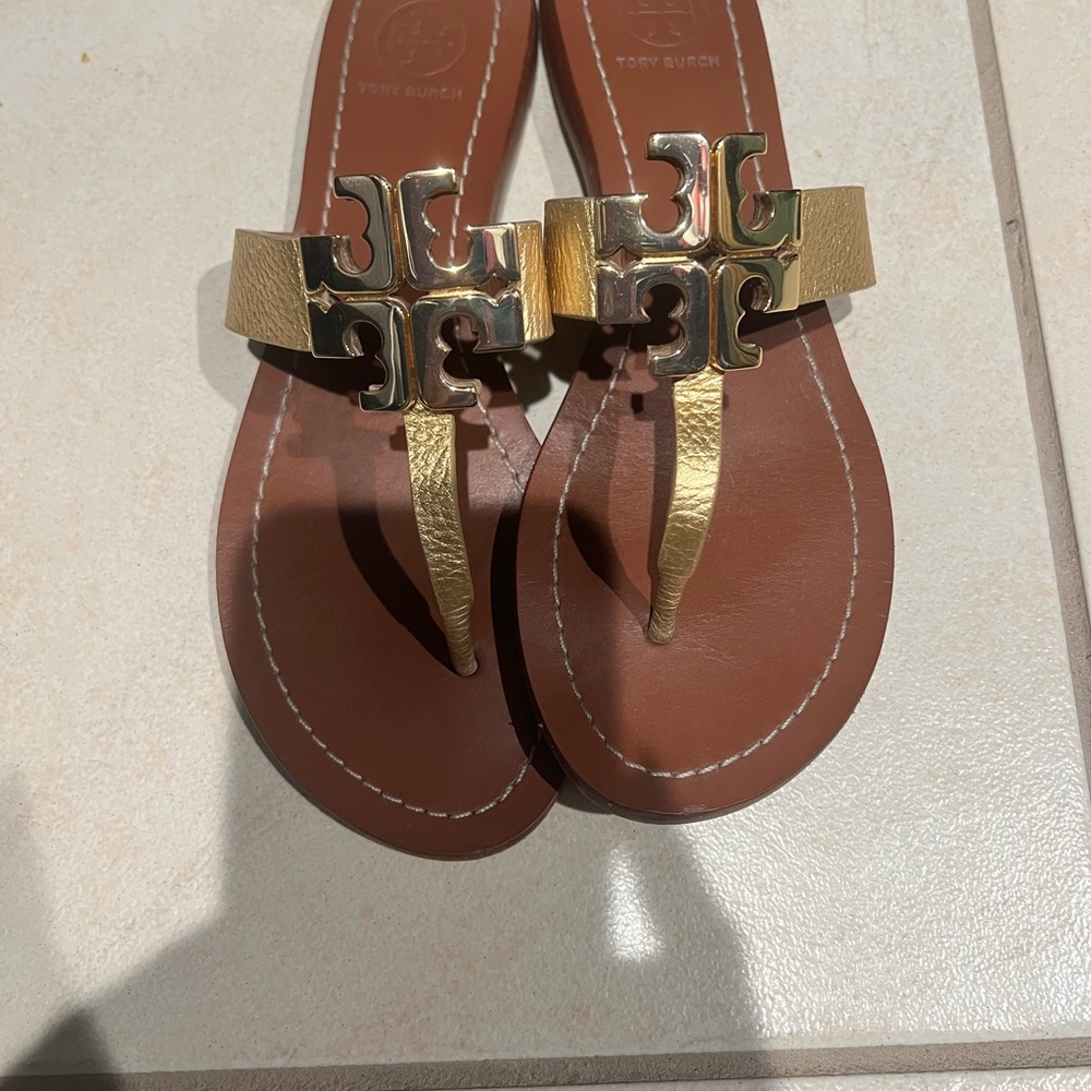 Tory Burch Gold and Brown Flat Sandals